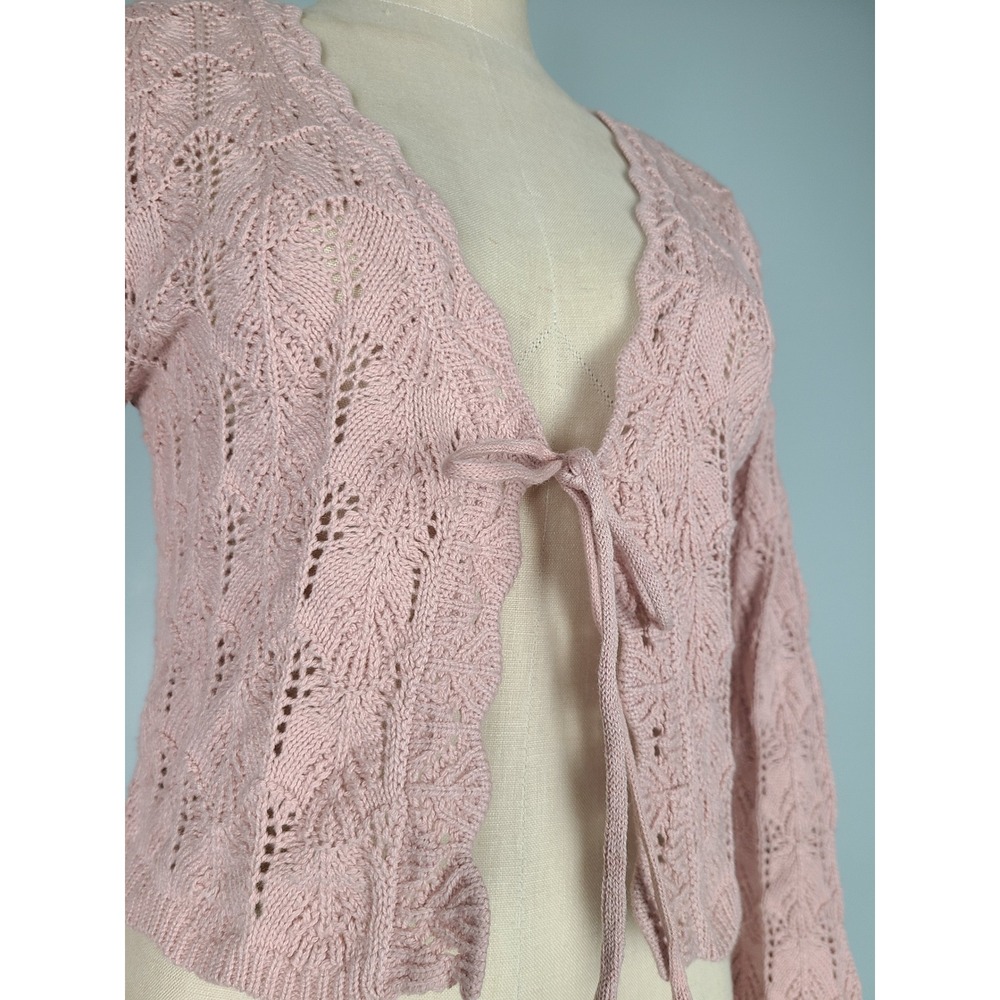 Freshman Sz XS Bell Sleeve Cardigan Fitted Pink Crochet Cottagecore Boho Western - Picture 3 of 5